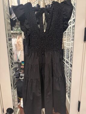 En Saison Black Mini Dress with Smocked Bodice and Ruffle Sleeves